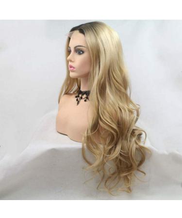 SHIYID Long Blonde Wavy Wig With Dark Roots Synthetic Lace Wig For Women Hair U Part Lace Wigs Heat Fiber Hair