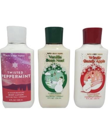 Bath and Body Works Holiday Traditions Christmas Lotion Gift Set of 3 Full Size Body Lotions: Vanilla Bean Noel  Winter Candy Apple  and Twisted Peppermint (Large 8 ounce bottles)