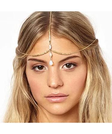 Prosy Bridal Rhinestone Head Chain Headpiece Wedding Headband Bead Hair Piece Festival Hair Jewerly for Bride and Bridesmaids (Gold)