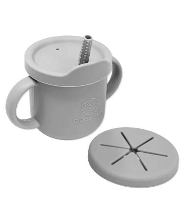 Bubba Bear Baby Cup with Straw | Weighted Sippy Cups for Babies from 6 Months | Non Spill Bottle for Toddlers | Easy to Hold & Clean Water Bottles with Snack Pot Lid for Weaning & Transition to Foods Storm Grey