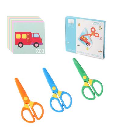 3PCS Kids Plastic Toddler Scissors - Safety Scissors Training Kids Scissors Preschool Training Scissors & Craft Scissors (3 Pieces) Kids Paper Cuts (60 Sheets)