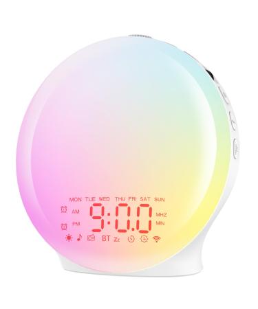 Bluetooth light alarm clock daylight alarm clock wake up light with sunrise sunset simulation 17 color light 22 sleeping noises snooze two alarms FM radio for heavy sleepers & children