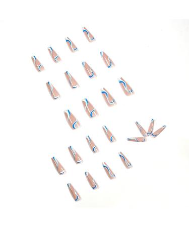 Blue Swirls Coffin Fake Nails - Glossy Acrylic Long Press on Nails for Women - Buy Online on SooperMarket.com