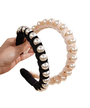 Wiwpar Pearl Headbands Velvet Hair Hoop with Pearls Elegant Pearl Head Band No Slip Fashion Hair Accessories for Women Girls (Black)
