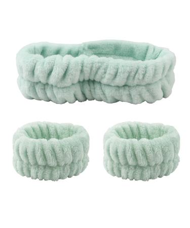 Spa Headband Wrist Washband Set Girls Coral Fleece Skincare Headbands Soft Facial Headband Wrist Sweatband Washing Face Band for Women Girls Makeup Bath green