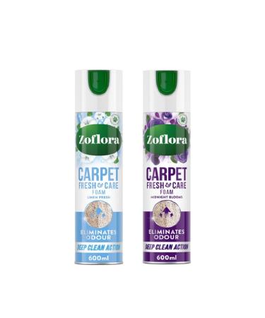Zoflora Carpet Care Foam 600ml Refresh and Revive Carpets and Upholstery Eliminates Odour Linen Fresh and Midnight Blooms Fragrances pack of 2