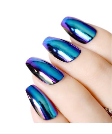 Mirror nails coffin false nails beautiful mirror holographic chrome effect false fingernails chameleon nails glitter false nails 24pcs