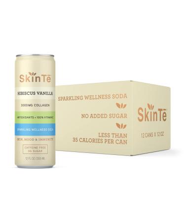 Collagen Sparkling Tea by SKINTE | Organic Hibiscus Tea with Vanilla | 12 oz (Pack of 12) | Antioxidants and Vitamin C | 3000mg Collagen | Benefits Skin and Mood | Caffeine Free | Zero Added Sugar Hibiscus Vanilla 12 Fl Oz (Pack of 12)