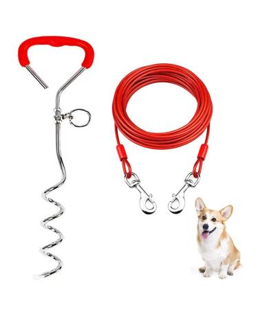 Mithui ju Dog Tie Out Cable and Stake Pet Traction Rop Heavy Duty Stake-Out Dog Spike Spiral Pet Ground Anchor Spike in Ground for Outdoor Camping Yard and Garden Small Medium Pets (16FT/5M Red) 16FT/5M Red