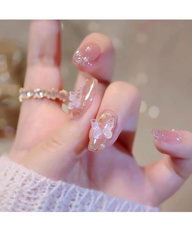 RikView Pink Press on Nails Medium Fake Nails Coffin Nails for Women with Butterflies Design Glossy Nails Coffin Butterfly
