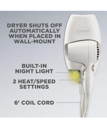 Conair 1600 Watt Wall-Mount Hair Dryer with LED Night Light - White | Compact and Powerful - Buy Online on SooperMarket.com