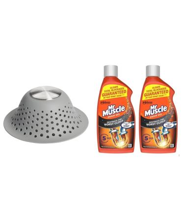 OXO Good Grips Silicone Shower & Tub Drain Protector & Mr Muscle Drain Unblocker Sink & Drain Cleaner Heavy Duty Drain Gel 2 x 500 ml