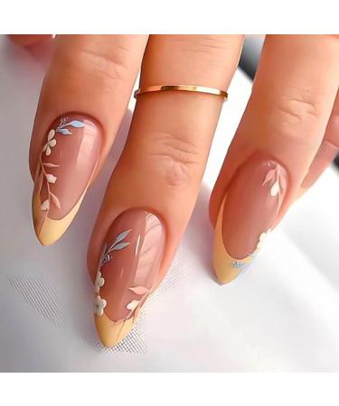 RikView French Tip Press on Nails Medium Length Fake Nails Almond Acrylic Nails Glossy Yellow Nails Yellow French