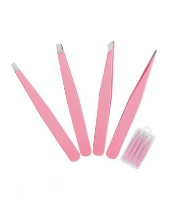 Tweezers Set 4-piece  Professional Stainless Steel Tweezers  Precision Tweezers for Eyebrows   Facial Hair  Ingrown Hair  Splinter  Blackhead Remover (PINK)