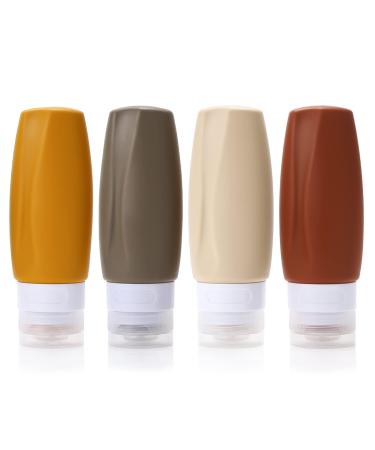90ml silicone travel bottles set BPA-free 4 pieces of leakage-proof refillable. For expressing empty accessories container in travel size for toilet articles lotion shampoo conditioner (brown)