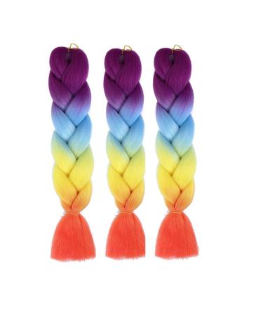 Ombre Rainbow Braiding Hair Extensions 24 Inch - 3 Pack Synthetic Jumbo Braiding Hair for Women - Purple/Blue/Yellow/Orange - High Temperature Twist Crochet Braids - Buy Online on SooperMarket.com