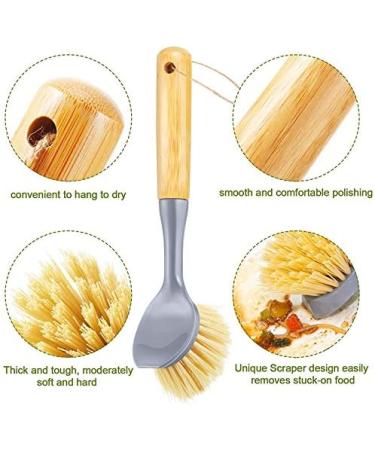 Garta 4 Pieces Long Handle Dish Brush Wooden Dish Brush with Bamboo Handle Bristles Dish Scrubber with Built-in Scraper - Buy Online on SooperMarket.com