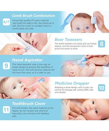 Portable Baby Grooming Kit: 11-in-1 Baby Safety Care Set for Newborns - Hair Brush, Nail Clipper, Nasal Aspirator - Blue - Buy Online on SooperMarket.com