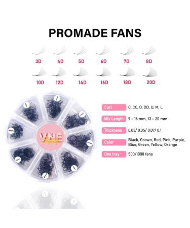 VNE Eyelashes 500 Fans Tray | Volume Lash Extensions | Mixed Length 6D CC Curl | Premade & Mega Lash Fans 9-16mm - Buy Online on SooperMarket.com