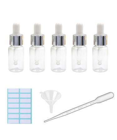 5Pcs Transparent Dropper Bottle 10ML Plastic Eye Dropper Bottles for Essential Oil Pipette Refillable - with Measured Pipette Funnel and Labels (White + Silver Cap) 10ml White + Silver Cap