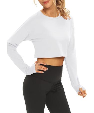 Mippo Long Sleeve Crop Top - Women's White Workout Athletic Gym Shirt - Buy Online on SooperMarket.com