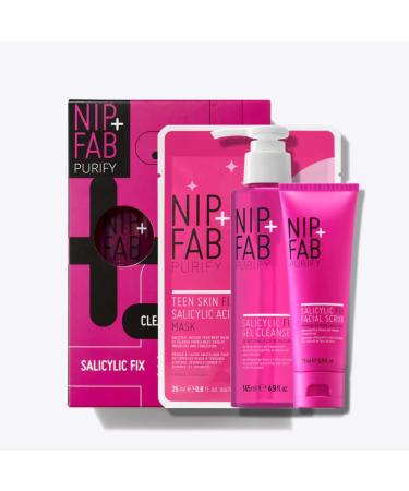Nip+Fab Salicylic Fix 3 Piece Starter Kit | Contains Gel Cleanser Scrub Fix Sheet Mask | Exfoliant for Pores | Hydrating | Reduces Blemish | Moisturizing |Vegan and Cruelty Free