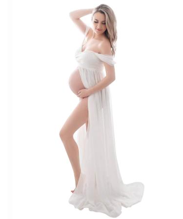 FEOYA Maxi Maternity Dress Chiffon Lace Strapless Gown Split Front for Pregnant Women Photography Full Length White L