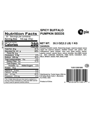 Yupik Spicy Buffalo Pumpkin Seeds 2.2 lbs - Crunchy Snack or Salad Topper, Seasoned & Roasted, Vegan, Non GMO, No Preservatives - 2.2 Pound Pack - Buy Online on SooperMarket.com