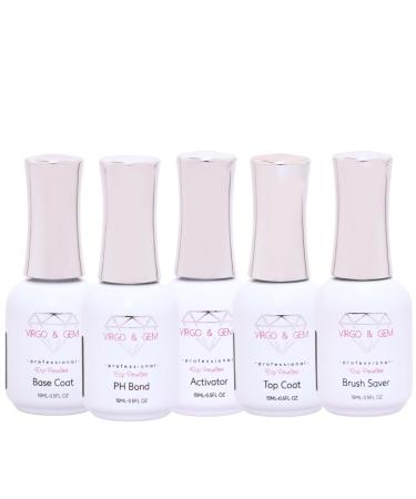 Virgo & Gem - 15ml Dip Powder Base Coat Top Coat Activator Brush Saver and PH bond (5 DIP LIQUIDS SET) 5 liquids set