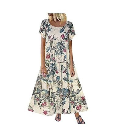 Gemkonsey Womens Short Sleeve Floral Flowy Party Long Maxi Dress, Women Summer Dress Beach Plus Size Swing Loose Tunic-Dress 00013-purple Small