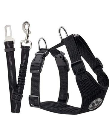 SlowTon Dog Car Harness Seatbelt Set Pet Vest Harness with Safety Seat Belt for Trip and Daily Use Adjustable Elastic Strap and Multifunction Breathable Fabric Vest in Vehicle for Dogs L Black
