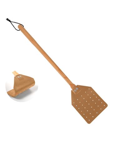 Leather fly swatter 49.5cm long robust fly swatter manual with wooden handle fly catcher for indoors and outdoors (brown)