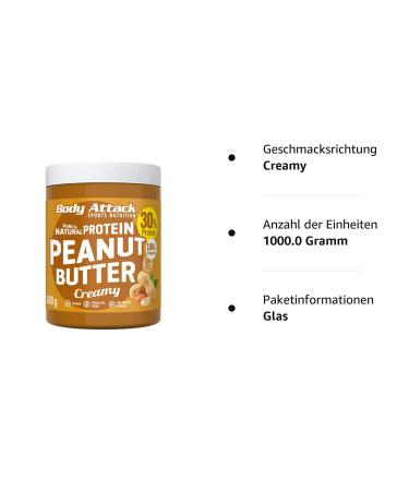Body Attack Protein Peanut Butter 1kg - Creamy Vegan Natural Low Sugar 30% Protein No Salt & Palm Fat - Buy Online on SooperMarket.com