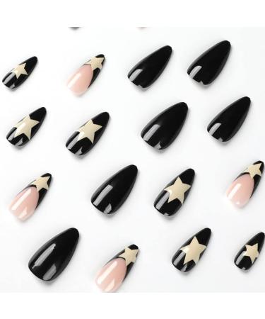 Black French Tip Almond Press on Nails - 24Pcs Medium Length Glossy False Nails with White Star Design for Women and Girls - Buy Online on SooperMarket.com