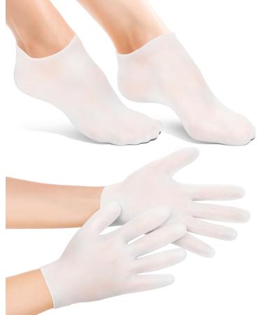2 Pairs Silicone Moisturizing Glove Socks Set Anti Slip Soft Spa Gel Socks Softening Feet Dry Cracked Skin Women Spa Pedicure Socks for Foot Hand Softening Foot Care After Pedicure (White)