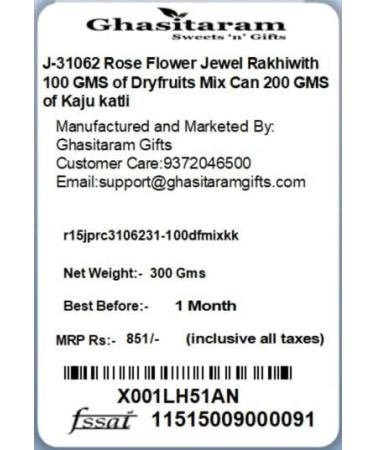 Ghasitaram Gifts Rakhis Online - J-31062 Rose Flower Jewel Rakhiwith 100 GMS of Dryfruits Mix Can 200 GMS of Kaju katli Rakhi & 100g Dryfruits Mix Can 200g Kaju katli - Buy Online on SooperMarket.com