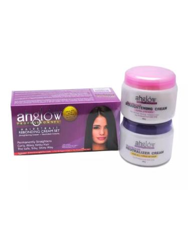 XL AHGLOW Hair Straightening & Rebonding Set with Keratin Relaxer. Complete System that Straightens Wavy Curly Frizzy Hair the Smooth Silky Shiny Way! 480gm Neutralizer and Straightening Creams