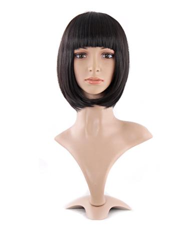 MapofBeauty 12 Inch/30cm Fashion Lady Short Straight Flat Bangs Bob Wig (Black) Nutural Black