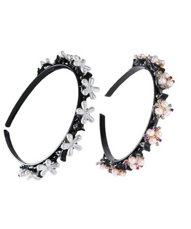 Flower Headband with Clips on the Top for Women Girls Bangs Clip Head Bands no Slip Fashion for Women Girls Double Braided Hairband Hair Bands with Clips Pearl Headbands