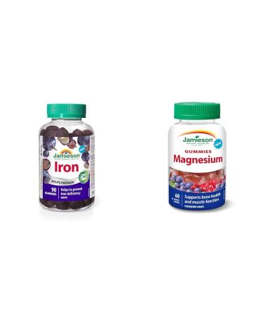 Jamieson Iron Gummies Grape Flavour 90 Count Helps to Prevent Iron Deficiency & Magnesium Gummies - Cranberry Grape Flavour 60 Count (Pack of 1) SUPPLEMENT + SUPPLEMENT 9204
