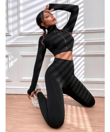 JOYMODE Women's Seamless Textured Workout Set - High Waist Leggings & Crop Top, Large, Black - Buy Online on SooperMarket.com