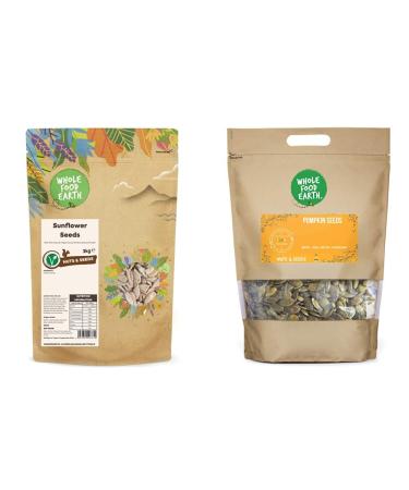 Wholefood Earth Sunflower Seeds - GMO Free - Vegan - Dairy Free - No Added Sugar 3 kg Packaging May Vary & Pumpkin Seeds 1kg | GMO Free | Natural | Vegan | Source of Fibre | Source of Protein + Pumpkin Seeds 1kg