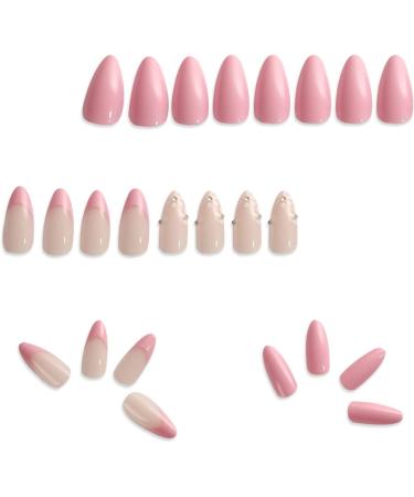 LADYING 24 Pcs Almond Fake Nails Short Peach Pink with White Flower Designs - French False Nails Set for Women - Buy Online on SooperMarket.com