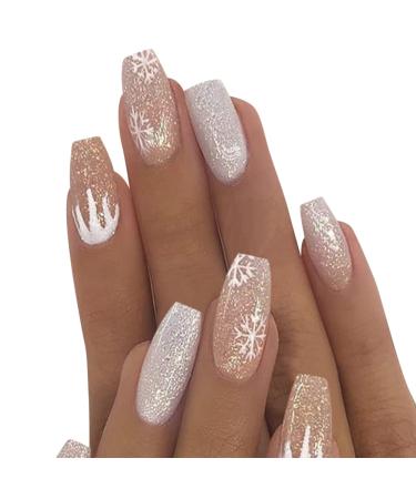 24pcs Christmas nails snowflake ballerina false nail coffin wrong fingernails acrylic art press nail tips for Christmas nail decoration for women and girls