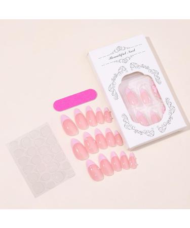 24Pcs Cute Pink French Press On Nails - Almond Shape Bow & Pearl Design - Luxury False Nails for Women - Full Cover Acrylic Manicure Accessories - Buy Online on SooperMarket.com