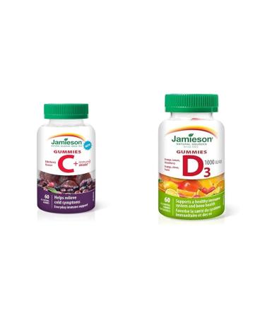 Jamieson Vitamin C plus Immune Shield Gummies - Elderberry Flavour 60 Count (Pack of 1) & Vitamin D3 1 000 IU Gummies - Orange Strawberry Lemon Flavour 60 Gummies Gummies + Vitamin D3 1 000 IU