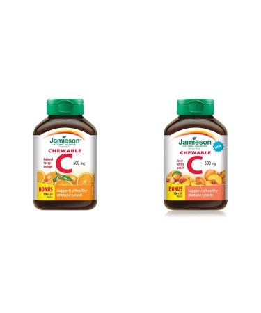 Jamieson Chewable Vitamin C 500 mg - Tangy Orange + White Juicy Peach Flavour 240 Count (Pack of 2)