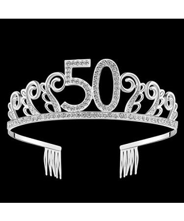 BABEYOND Crystal Birthday Tiara Rhinestone Princess Crown Happy Birthday Crowns Silver Diamante Happy 50th Birthday Tiara Crown (Silver-50th)