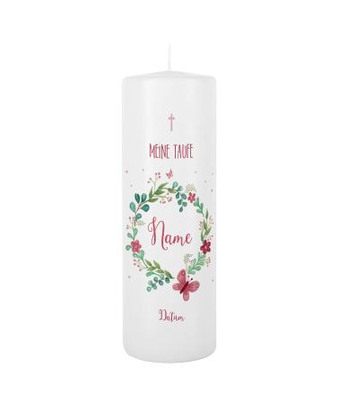 Striefchen christening candle for girls with flower wreath and butterfly printed with name and baptismal date and your own baptismal saying 8 x 25 cm