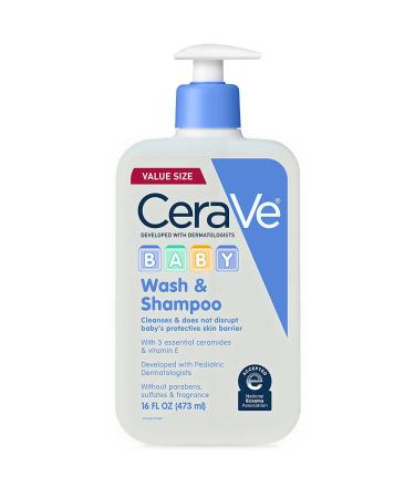 CeraVe Baby Wash & Shampoo | 2-in-1 Tear-Free Baby Wash for Baby Skin & Hair | Fragrance, Paraben, Dye, Phthalates & Sulfate Free for Baby Bath| Baby Soap with Vitamin E | 16 Ounce